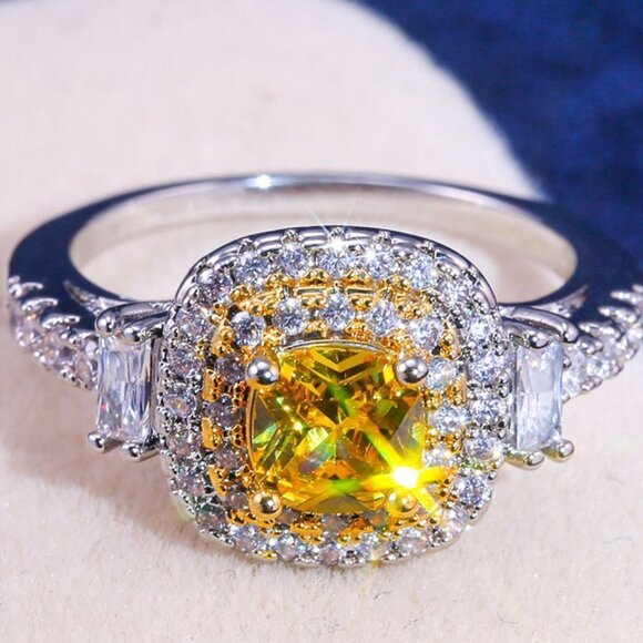 💝 Noble Round Yellow Gemstone Square Diamond Silver Ring for Women,VIP244 - Picture 4 of 6